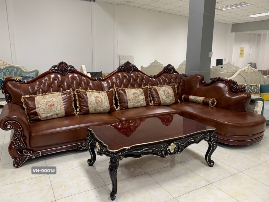 Sofa góc tân cổ điển màu nâu bằng da hàng nhập khẩu cao cấp