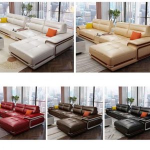 Bộ sofa góc da màu trắng kết hợp kệ để đồ