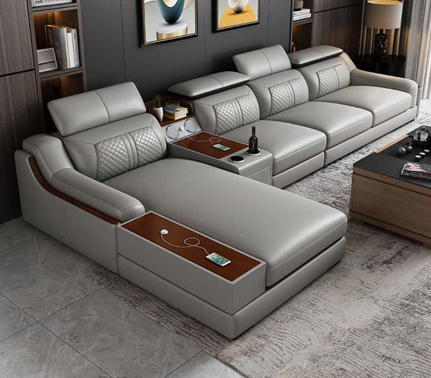 Bộ sofa góc da hiện đại màu ghi