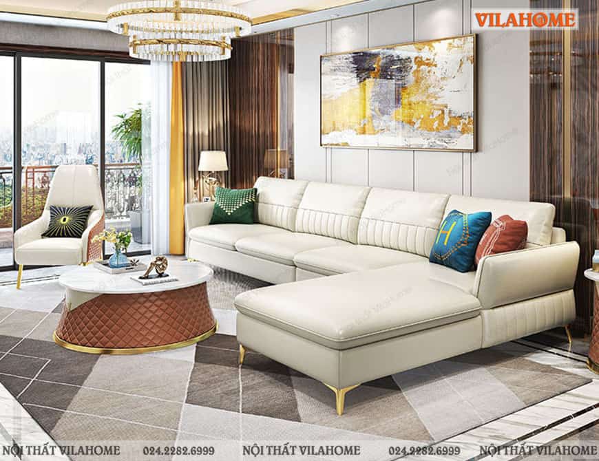 Mẫu sofa góc chữ L cao cấp chân mạ vàng