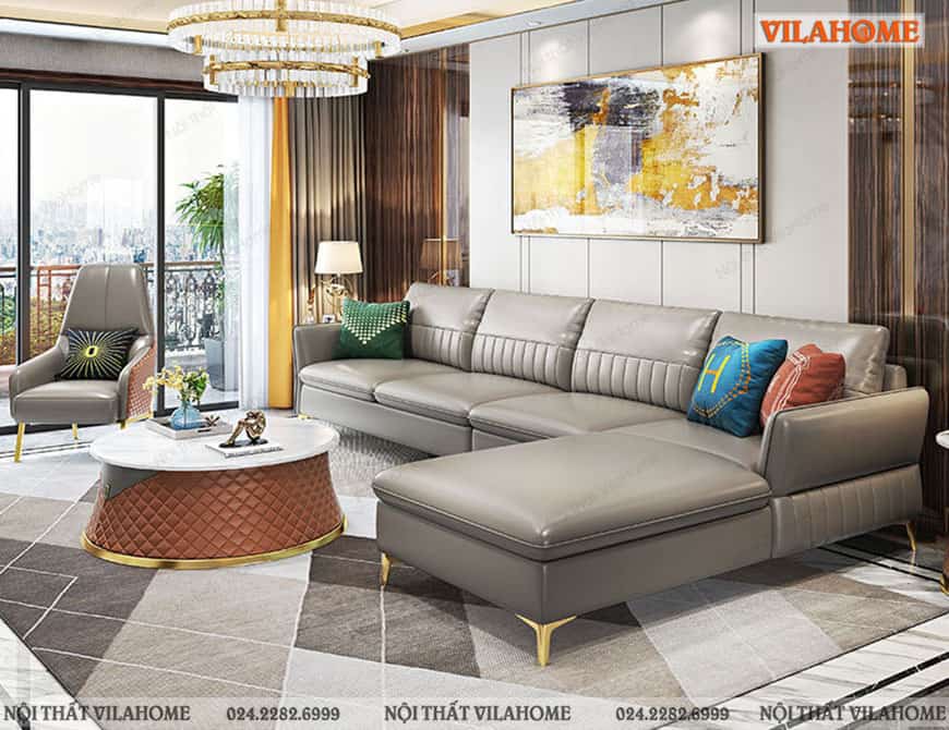 Mẫu sofa góc chữ L cao cấp chân mạ vàng