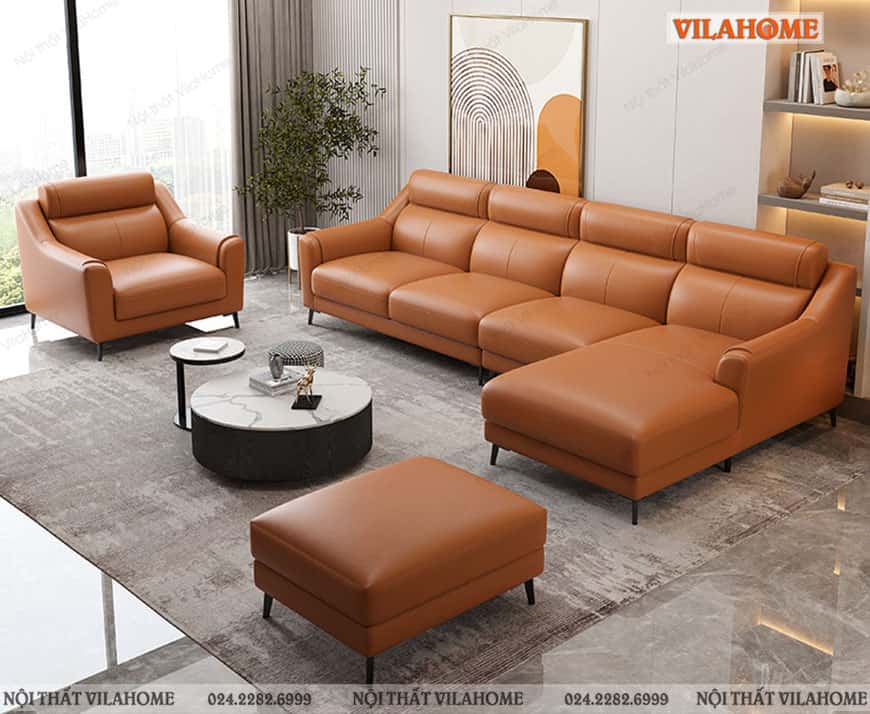 Bộ sofa góc da lớn kết hợp ghế đơn và đôn