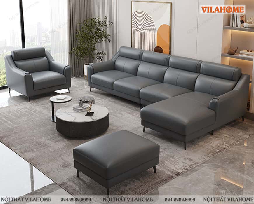 Bộ sofa góc da lớn kết hợp ghế đơn và đôn