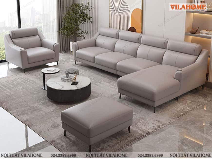 Bộ sofa góc da lớn kết hợp ghế đơn và đôn