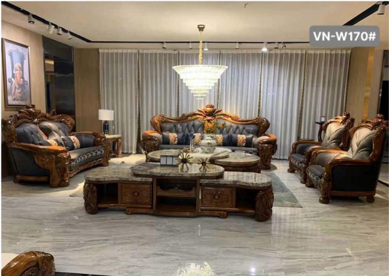 Bộ sofa tân cổ điển gỗ Hồng Vàng da bò VN-170#