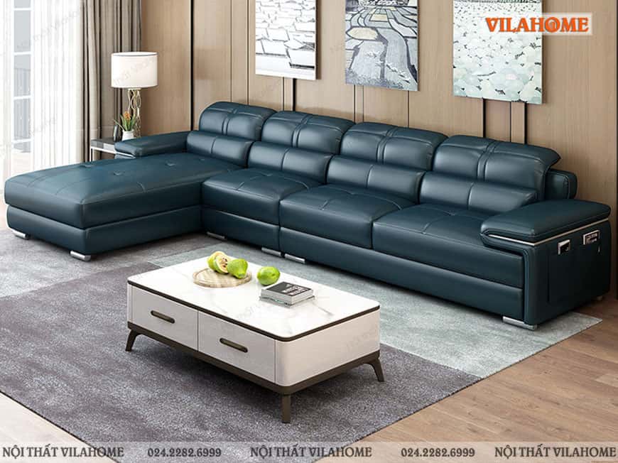 Mẫu sofa góc chữ L đệm vuông màu xanh sẫm