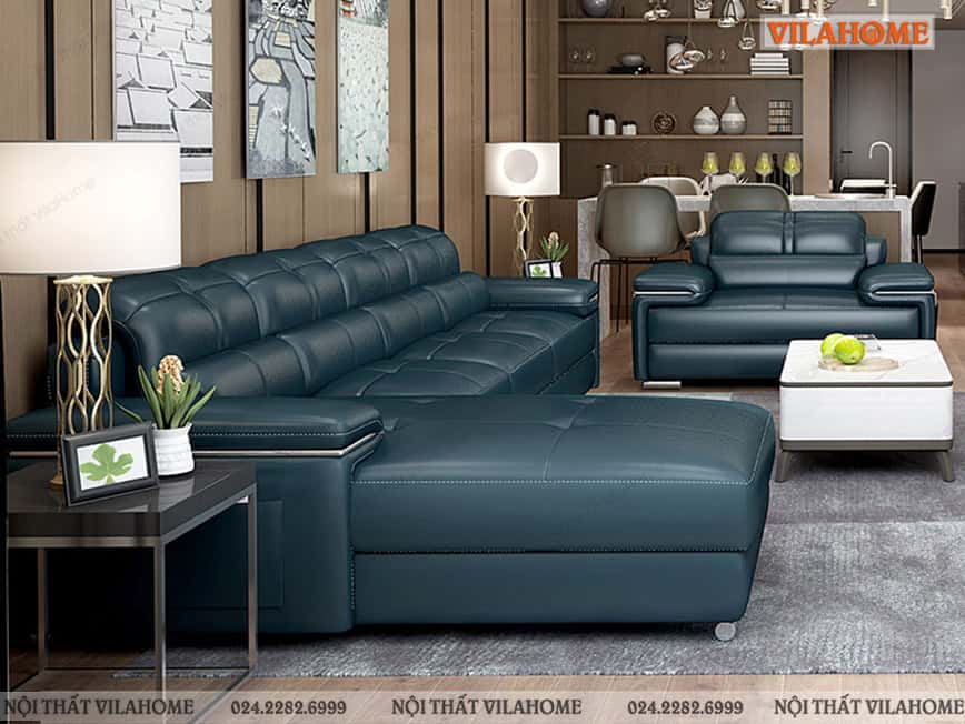 Mẫu sofa góc chữ L đệm vuông màu xanh sẫm