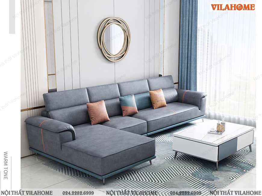 Mẫu sofa góc đệm vuông bọc da màu xanh