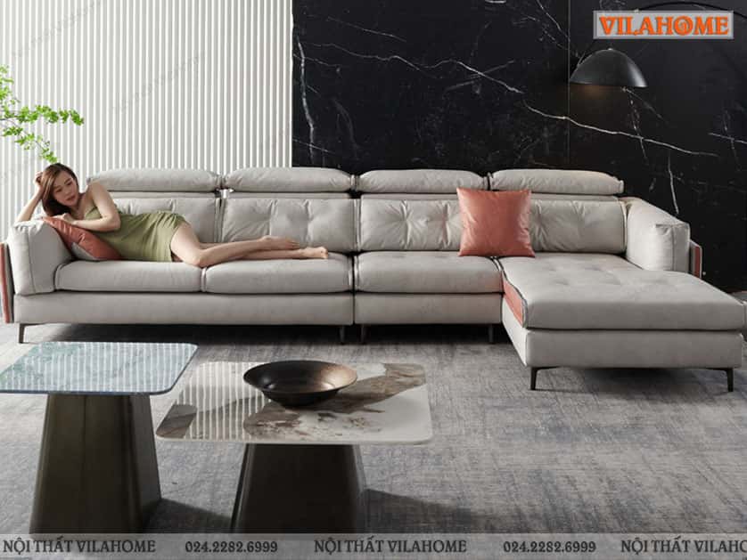 Mẫu sofa góc hiện đại màu trắng viền nâu