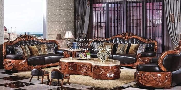 Bộ sofa phong cách tân cổ điển bọc da bò tót cao cấp