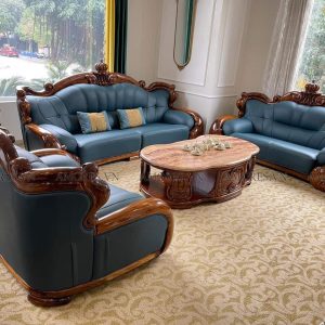 Bộ sofa tân cổ điển bọc da bò tót cao cấp màu xanh dương