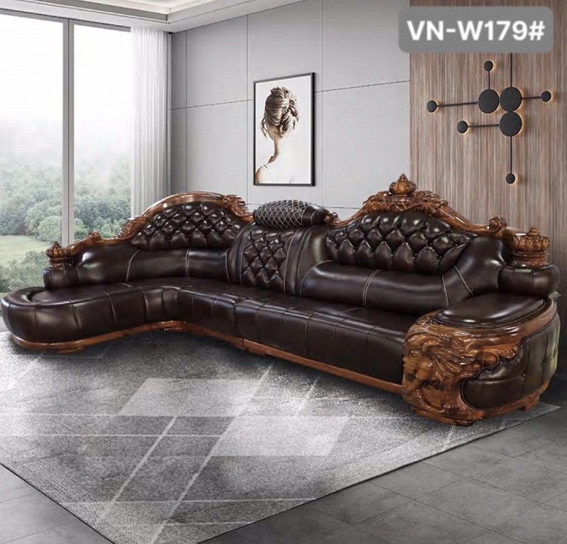 Ghế sofa góc tân cổ điển bọc da bò VN-W179
